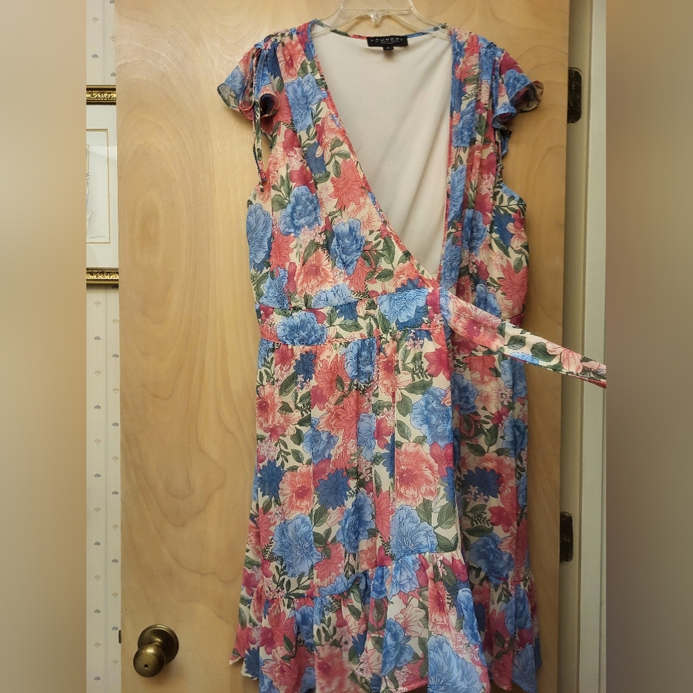 Floral Rainbow Tie Frill Dress Sz 16 Laundry Shelli Segal